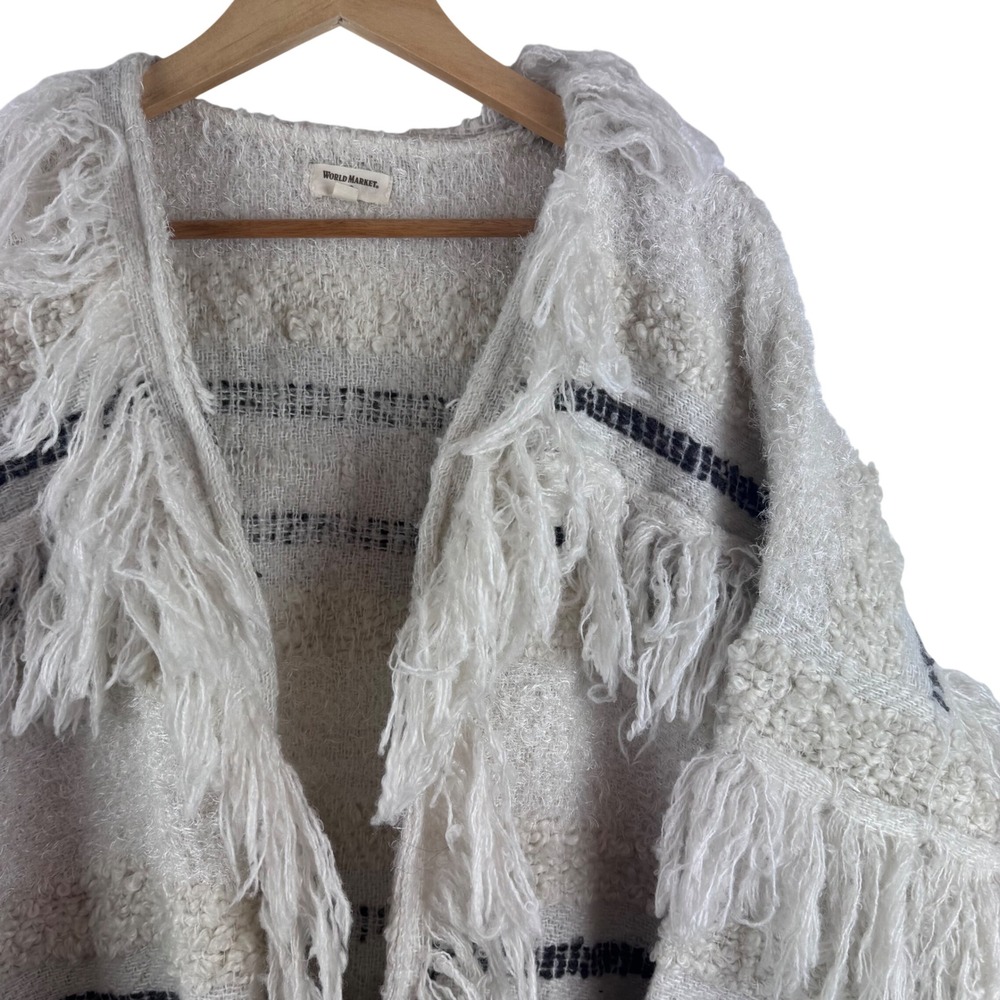 World Market Cardigan Wrap Womens One Size Cream Striped Fringe Shaggy Boho